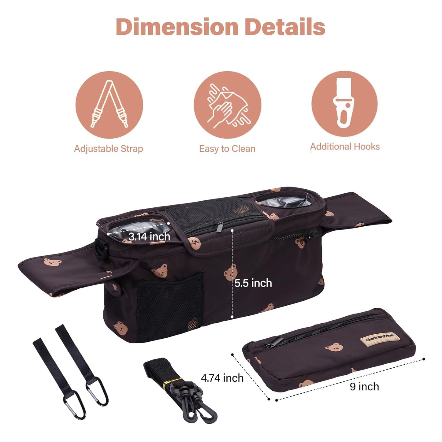 Universal Stroller Organizer with Cup Holders, Detachable Wristlet | Fits All Strollers | Stroller Diaper Bag Organizer with Phone Pocket, Insulated Bottle Holder & Storage Compartments