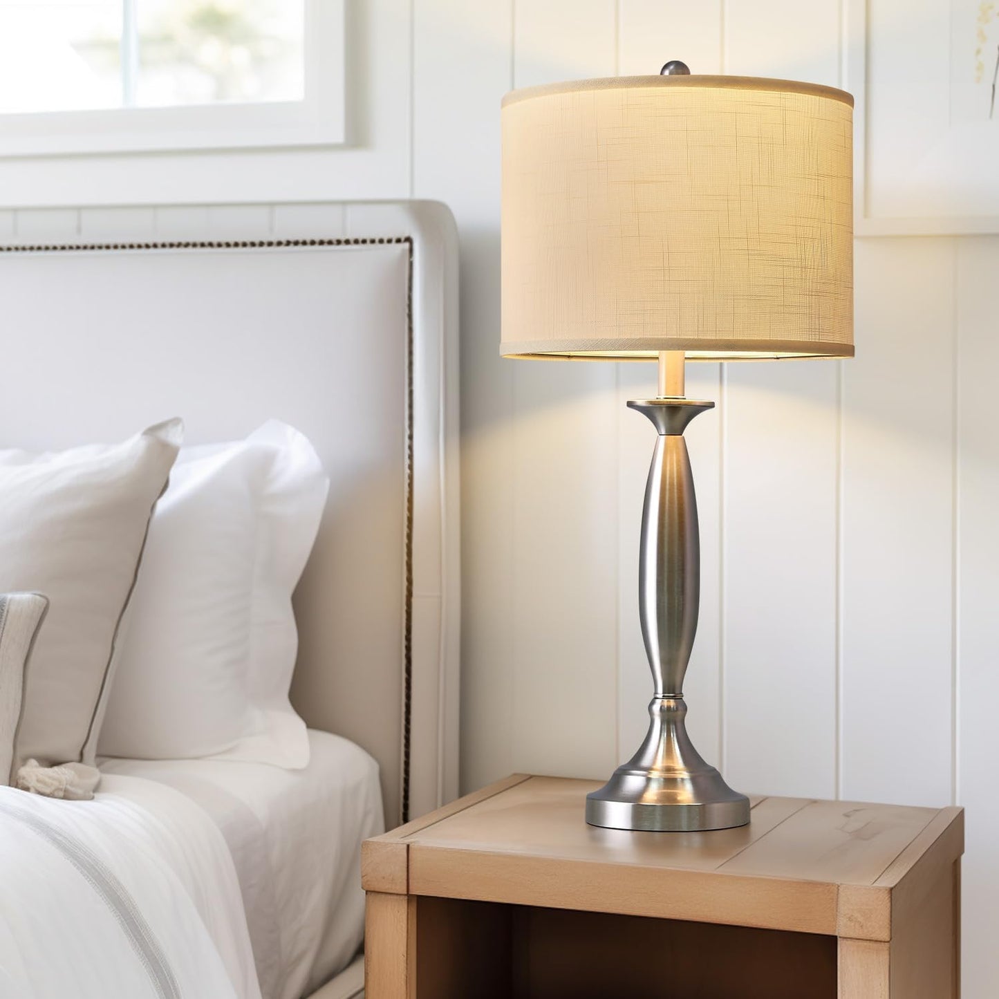 Oneach 27" Modern Table Lamps Set of 2 for Living Room Bedroom with USB A+ C Charging Port,Brushed Steel Bedside Lamps for Night Stands,Fabric Drum Shade Nightstand Lamp Light for End Tables Home