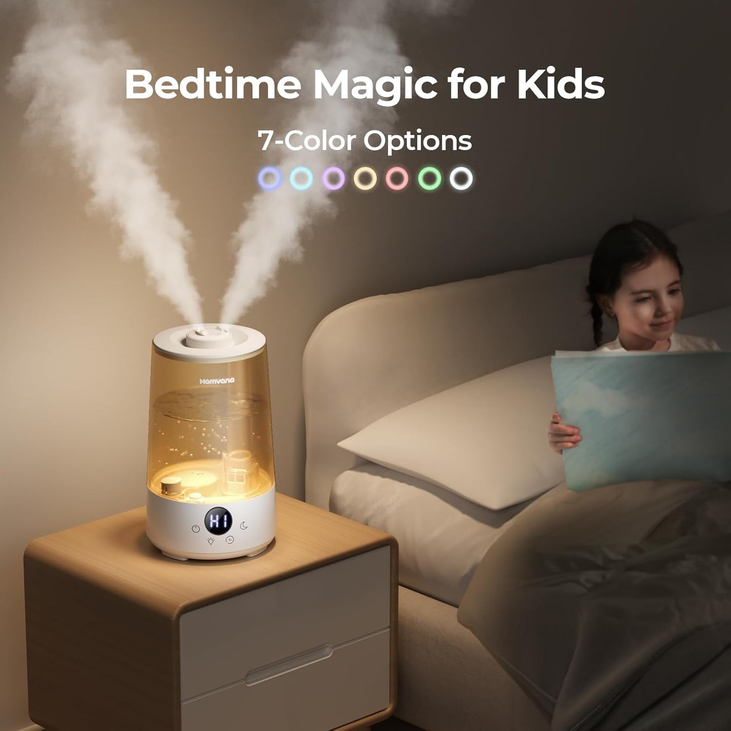 Homvana Humidifiers for Bedroom Home, 3.6 L Cool Mist Top-Fill 34H Super Long Time, Quiet 23dB, Baby Humidifier, Oil Diffuser for Large Room, Plants, Nursery, Office BPA FREE, 7 Color Light Ultrasonic