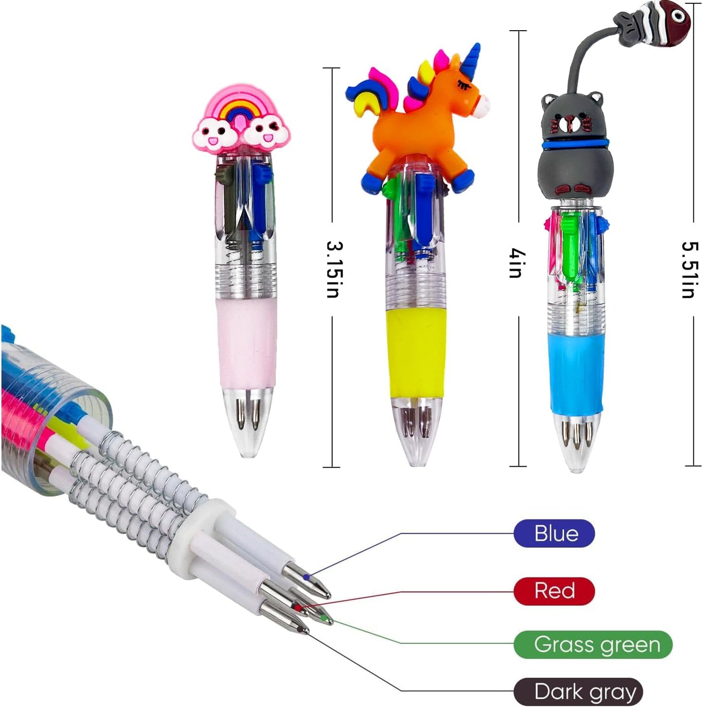 30 Pcs Multicolor Ballpoint Pens, 4-in-1 Cute Multicolored Retractable Animal Ballpoint Pens for Gifts Birthday Prize Supplies