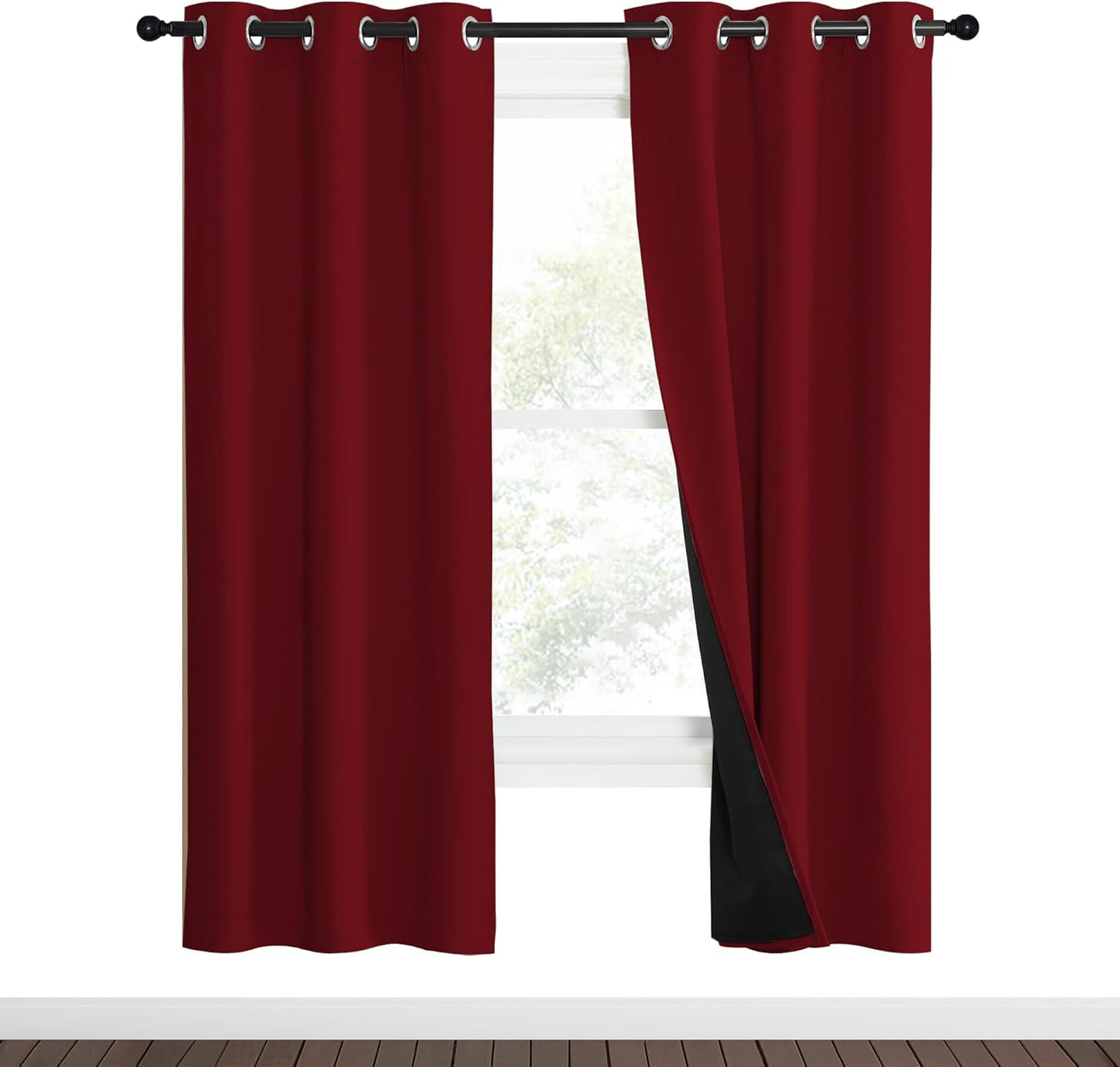 NICETOWN 100% Blackout Curtains with Black Liner Backing, Thermal Insulated Curtains for Living Room, Noise Reducing Drapes for Christmas, Burgundy Red, 37" x 70" Per Panel, Set of 2