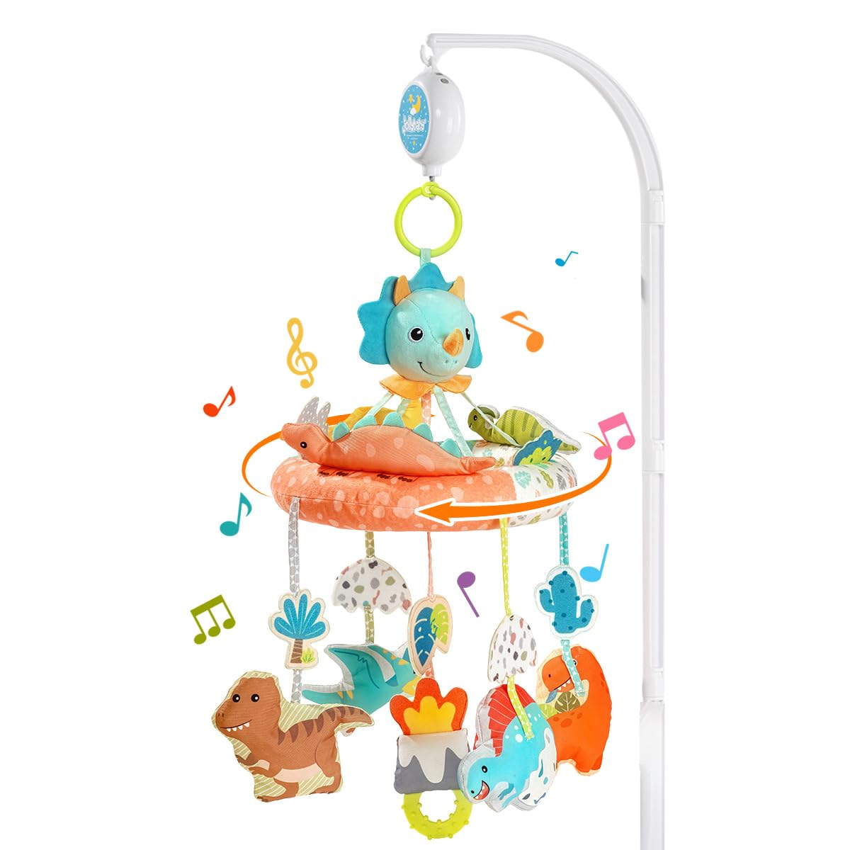 Jollybaby Nursery Baby Automatic Rotating Dinosaur Crib Mobile with Music Box & Arm, Montessori Sensory Musical Hanging Toy for Bassinet, Newborn Clip on Crib Mobile Soother Toy Gift, Polyester
