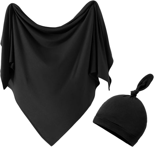 iEvolve Cotton Knitted Baby Swaddle Blanket with Hat Headband Set Newborn Swaddle Wrap Receiving Blankets for Baby Girl Boy 35" x 35"(Black)