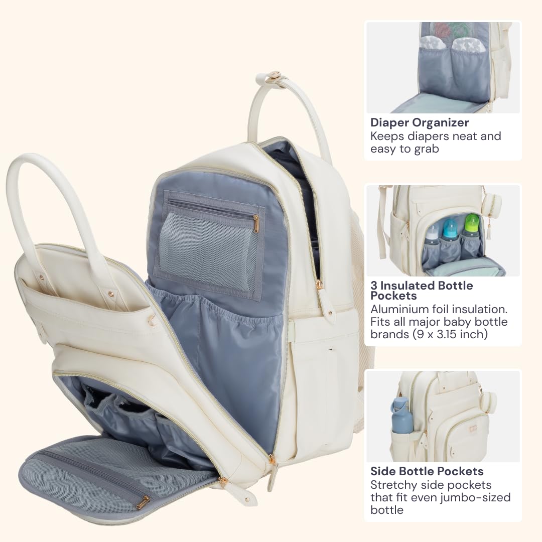 BabbleRoo Leather Diaper Bag Backpack - Baby Essentials Travel Baby Bag, Multi function, Waterproof, with Changing Pad, Stroller Straps & Pacifier Case – Unisex, Eggshell White