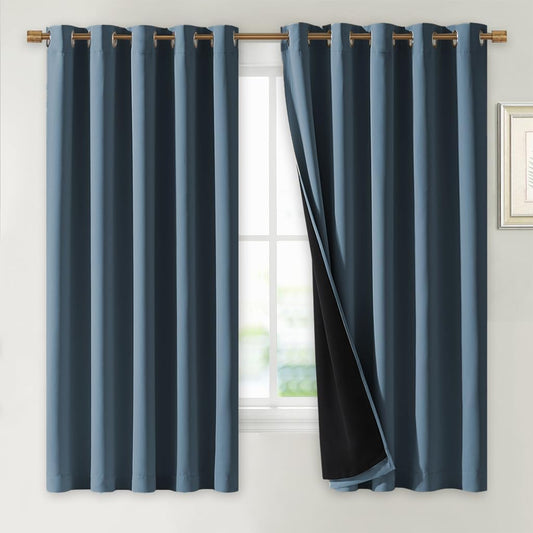 NICETOWN 100% Blackout Lined Curtains, Smoky Blue, 1 Pair, 62" Width x 63" Length Each Panel, 2 Thick Layers Completely Blackout Window Treatment Thermal Insulated Drapes for Kitchen/Bedroom