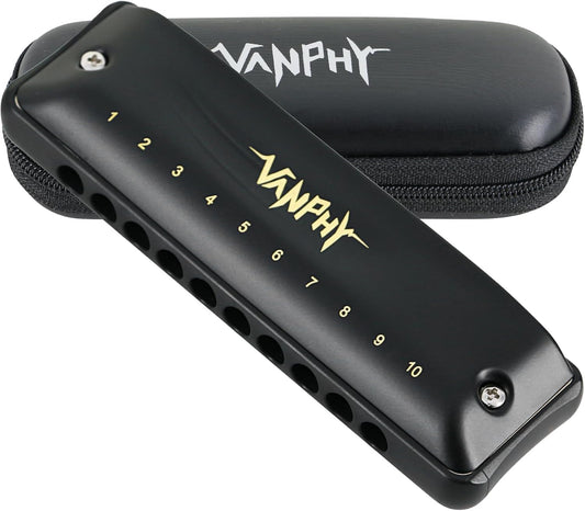 Harmonica VANPHY C Harmonica 10 Holes 20 Tones Blues Diatonic Mouth Organ for Kids Beginners Students Adults & Professionals with Case（Black）