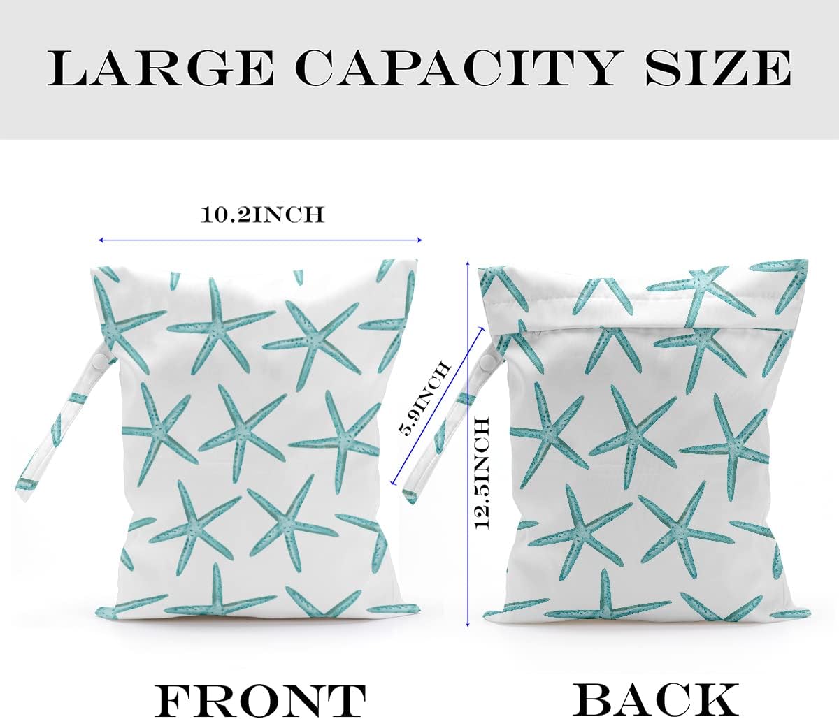 Wet Dry Bag for Swimsuit, Travel, Beach, Pool, Diapers, Dirty Yoga Gym Clothes, Makeup, Waterproof Reusable Beach Bag with Ocean Decor Starfish Sea Horse Anchor