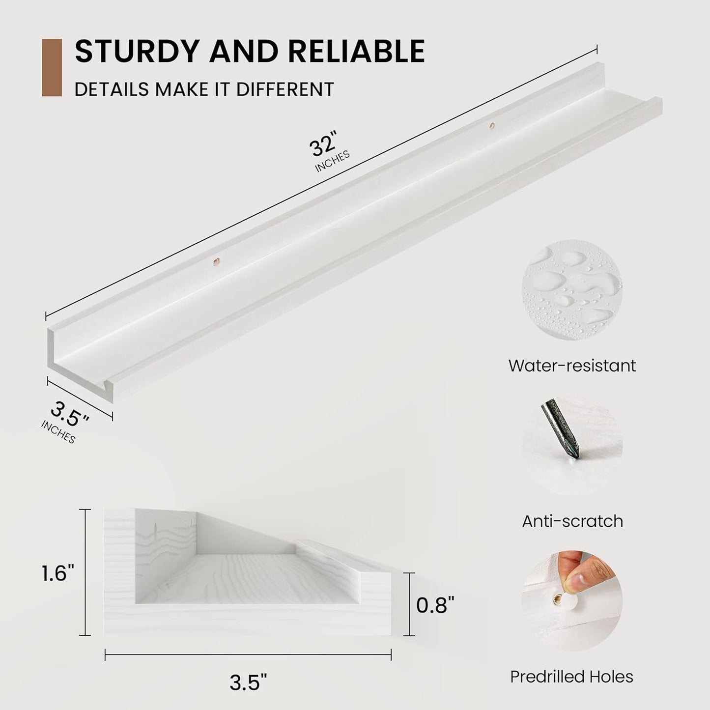 Picture Ledge Shelf, Solid Pine Wood Floating Shelves Set of 2, 32 Inches Nursery Book Shelves for Toys Storage, Kids Bookshelf Wall Mounted for Living Room Bedroom Decor Books Photo Frames, White