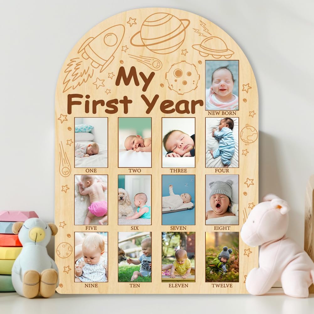 ORIGACH My First Year Baby Growth Photo Display Wood Board - 12 Months Newborn Milestones Photo Board - Neutral Baby Keepsake Board 1st Birthday Party Nursery Decor New Mom Gift - Space