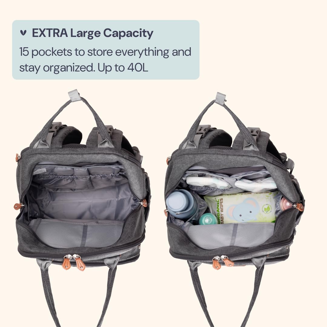 BabbleRoo Extra Large Diaper Bag Backpack, Expandable Baby Bag with Up to 50% More Capacity - Travel Essentials Baby Bag Tote with Changing Pad, Stroller Straps & Pacifier Case - Unisex, Dark Gray