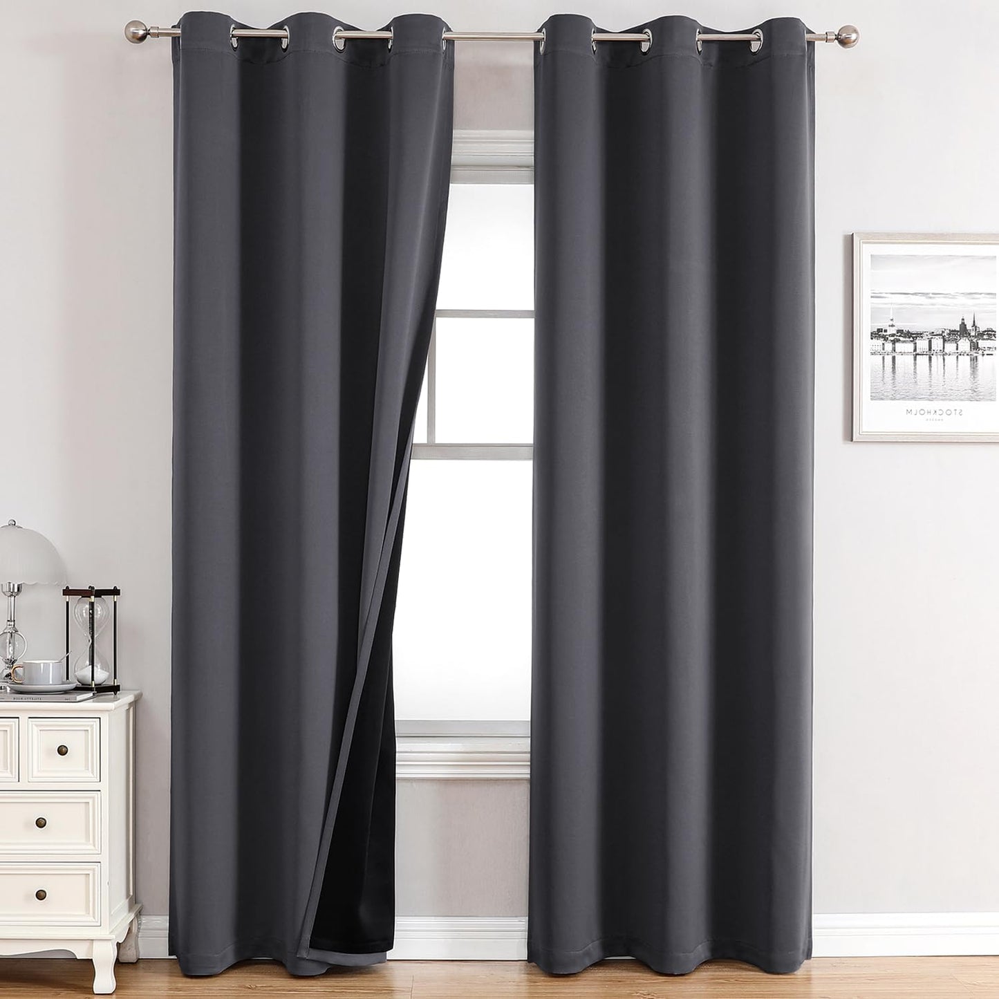 ChrisDowa 100% Blackout Curtains 72 inch Long for Bedroom with Black Liner, 2 Thick Layers Total Blackout Thermal Insulated Grommet Window Curtains 2 Panels Set (Dark Grey, 42 x 72 Inch)