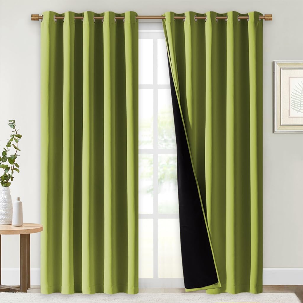 NICETOWN 100% Blackout Window Curtain Panels, Fresh Green, 2 PCs, 62" Wide Each Panel, Cold and Full Light Blocking Drapes with Black Liner for Nursery, 84 inches Drop Thermal Insulated Draperies