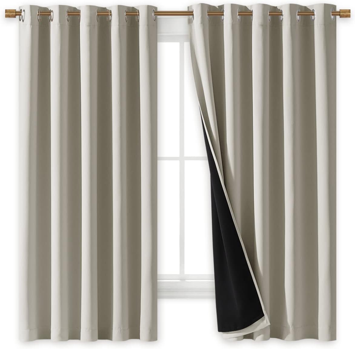 NICETOWN Natural 100% Blackout Lined Curtains, 2 Thick Layers Completely Blackout Window Treatment Thermal Insulated Drapes for Kitchen/Bedroom (1 Pair, 70 inches Width x 63 inches Length Each Panel)