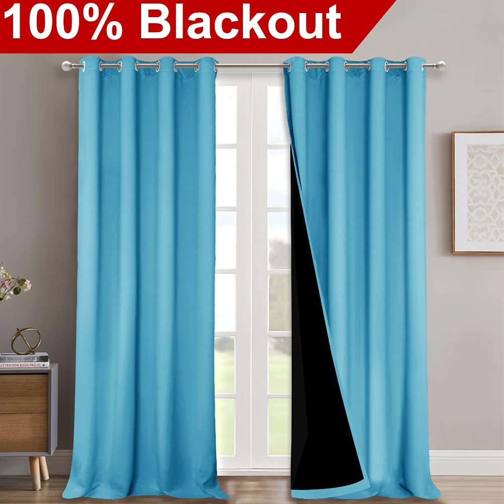 NICETOWN 100% Blackout Blinds, Set of 2, 46" x 96", Teal Blue, Laundry Room Decor Window Treatment Curtains for Large Patio Sliding Door, Thermal Insulated Curtains for Bedroom