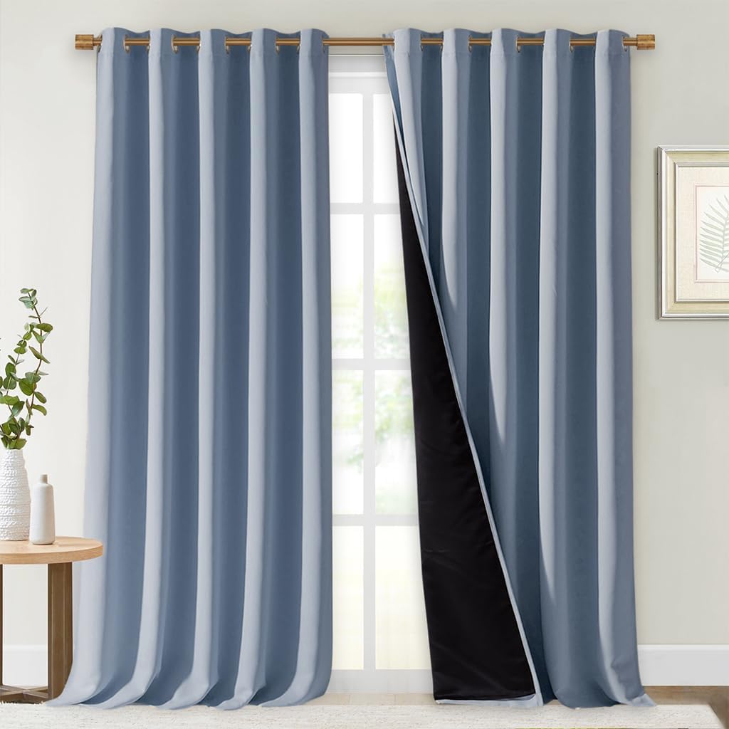 NICETOWN 100% Blackout Curtains for Windows, Pack of 2, 70" W x 108" L, Vintage Blue, Super Heavy-Duty Black Lined Total Darkness Drapes for Bedroom, Privacy Assured Window Treatment for Patio