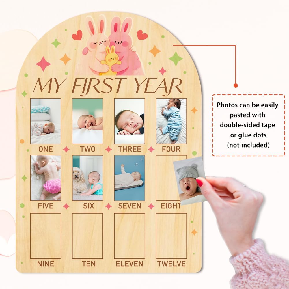ORIGACH My First Year Baby Growth Photo Display Wood Board - 12 Months Newborn Milestones Photo Board - Neutral Baby Keepsake Frame 1st Birthday Party Nursery Decor New Mom Gift - Rabbit