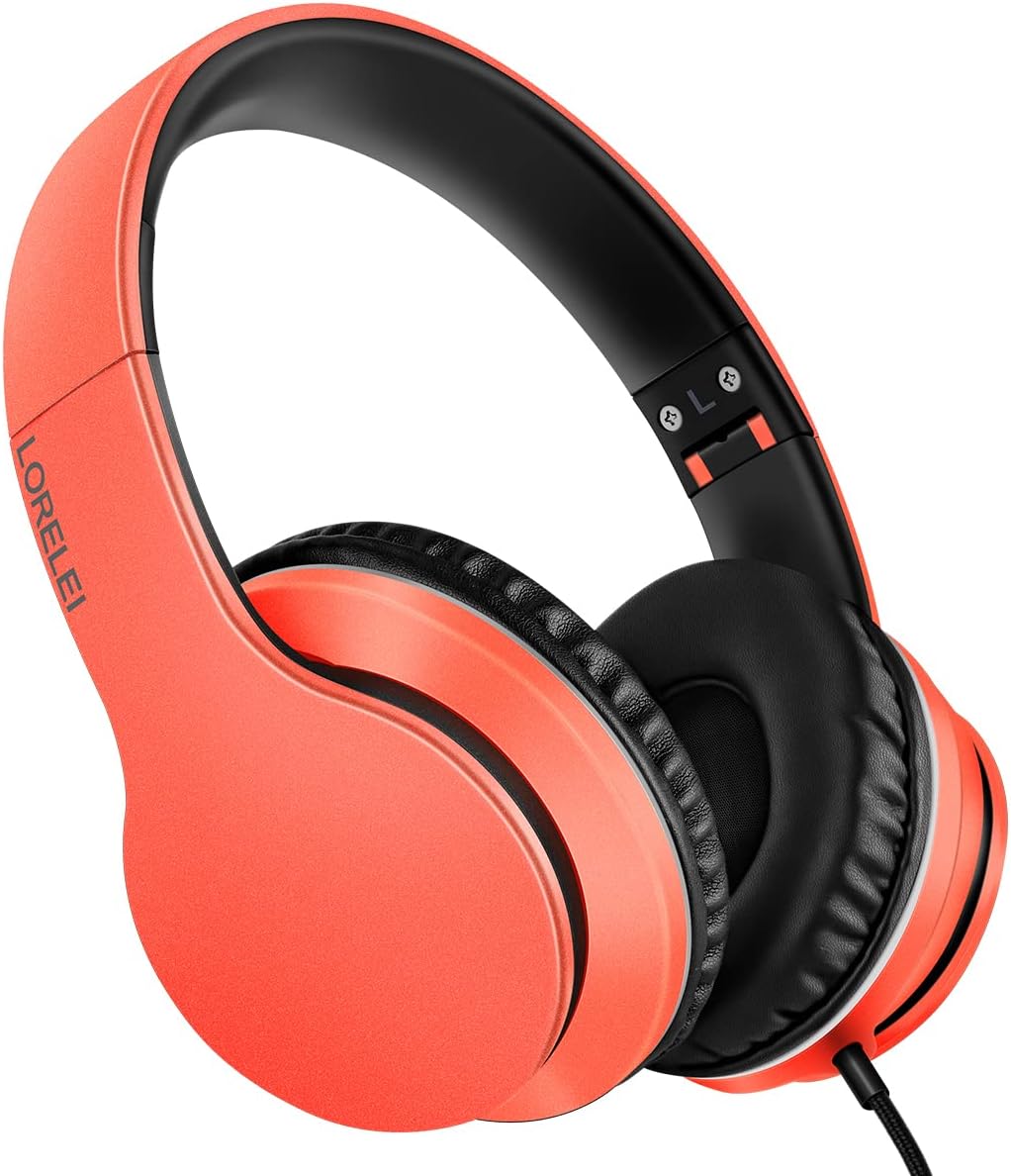 LORELEI X6 Over-Ear Headphones with Microphone, Lightweight Foldable & Portable Stereo Bass Headphones with 1.45M No-Tangle,Wired Headphones for Smartphone Tablet MP3 / 4 (Vitality Orange)
