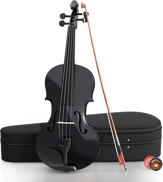 3/4 Violin Kit, Beginner Violin for Kids, Students, Complete Kids Violins Set with Case, Bow, Rosin, Ideal for Kids Violinss Beginner Ages 9-12, Black