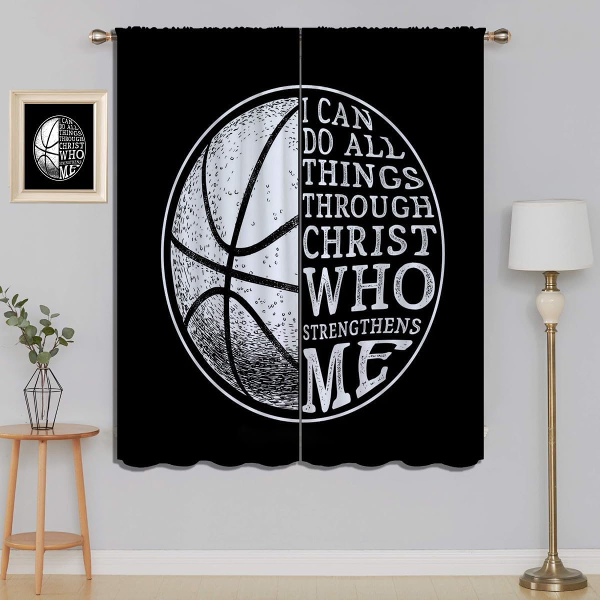 Basketball Blackout Curtains for Boy Girl Room Darkening Decor,Sport Theme and White Motto Dark Background Bedroom Living Room Home Rod Pocket Thermal Insulated Window Curtain/Drapes Panel,84x72 Inch…