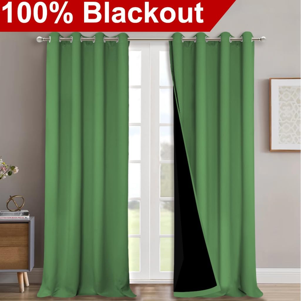 NICETOWN 100% Blackout Blinds, Set of 2, 46" x 96", Forest Green, Laundry Room Decor Window Treatment Curtains for Large Patio Sliding Door, Thermal Insulated Curtains for Bedroom