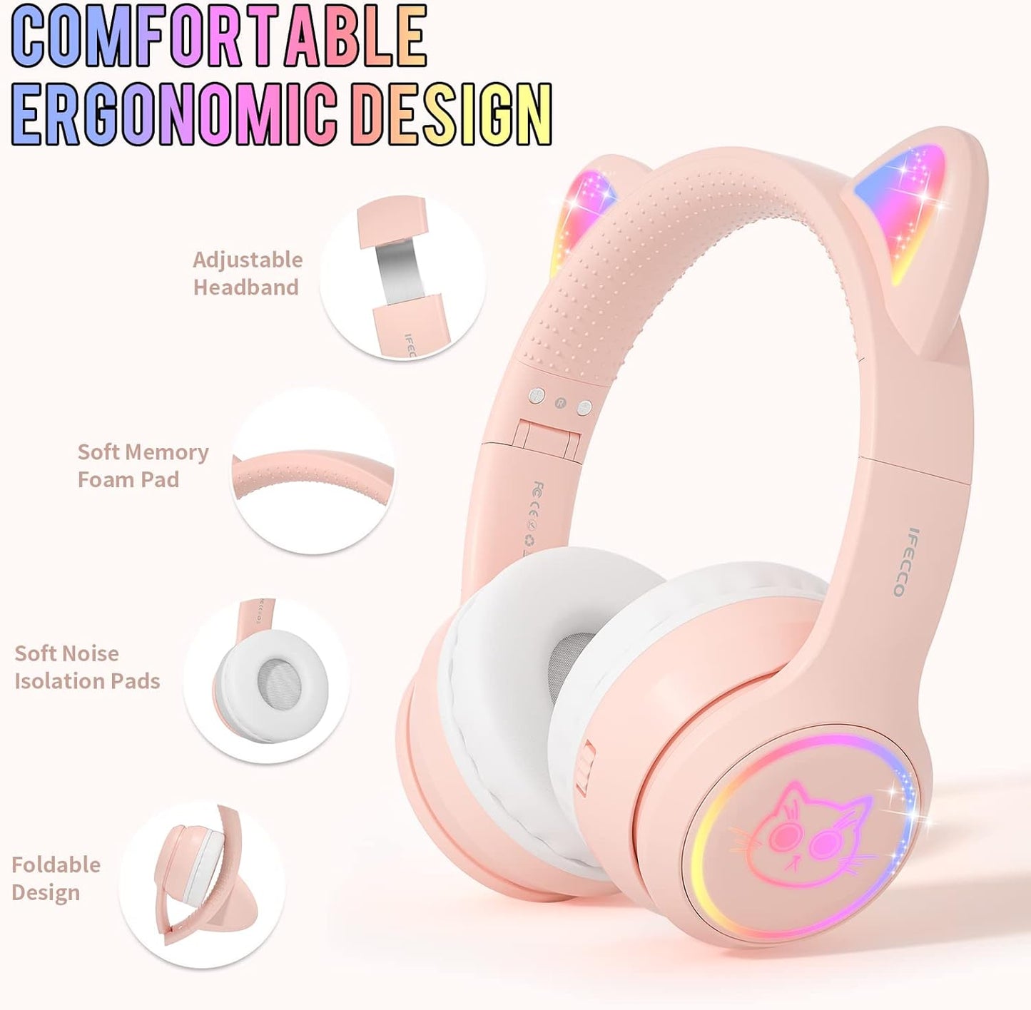 IFECCO Wireless Kids Headphones with Microphone,Foldable Cute Light Up Cat Ear Children Girls Bluetooth Headphones with Case for School Gifts Travel