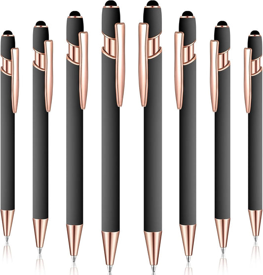 8 Pieces Ballpoint Pen with Stylus Tip Black Ink 2 in 1 Stylus Metal 1.0 mm Medium Point Smooth Pen Rainbow Colorful Rubberized Ballpoint for Touch Screen Tablet(Gray)