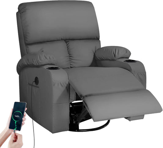 Rocking Recliner Chair, Massage Rocker Recliner Chair with Vibration Massage and Heat, USB and Type-C Ports,360° Swivel Faux Leather Chairs, Living Room, Bedroom, Nursery, RV, Dark Grey