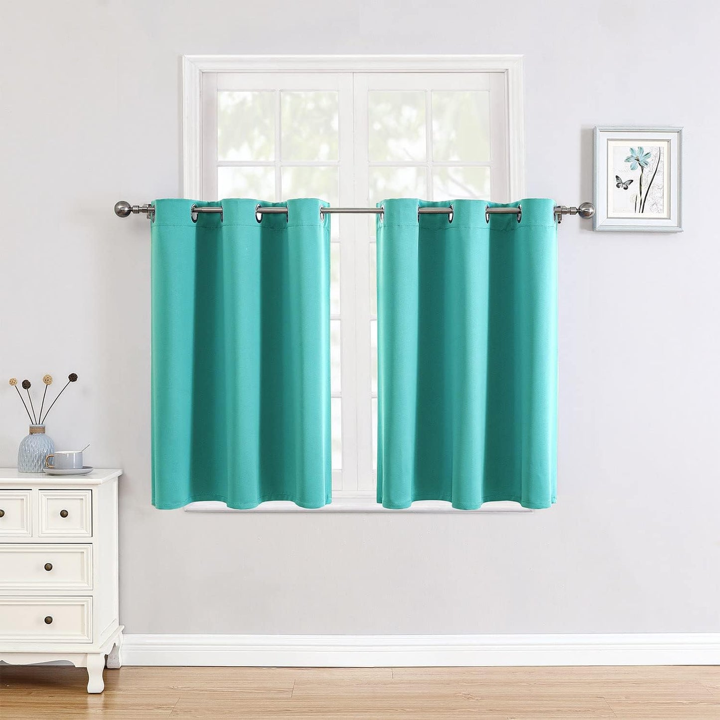 ChrisDowa Small Window Curtains for Kitchen and Bedroom - Grommet Short Thermal Insulated Room Darkening Curtains (2 Panels, Teal, 42 x 36 Inch)