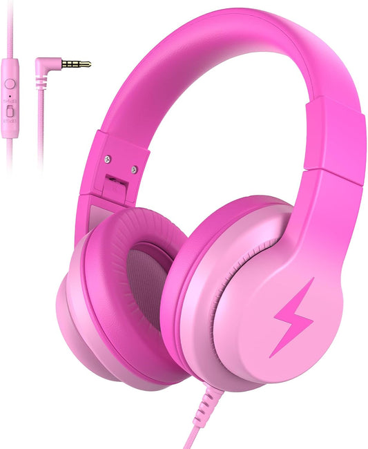 Kids Headphones, Wired Headphones for Kids Over Ear with Microphone, 85/94dB Volume Limiter Headphone for Girls Boys, Foldable Headphone for Learning & Entertainment, Gradient Deep Pink