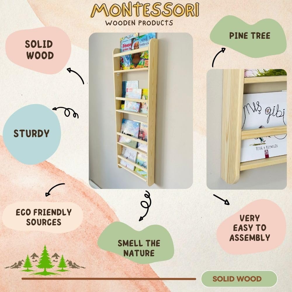 Handmade Solidwood Wall Mounted Montessori Kids Bookshelf, 4 Tier Book Display for Children Bedroom, Nursery Furniture Bookcase, Solid Wood Pine Tree Book Organiser for Living Room (Black)