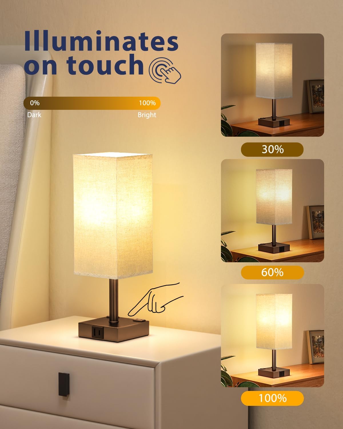 Brown Touch Table Lamp - Bedside Lamp with USB A + Type C Charging Ports and Two AC Outlets, Small Night Stand with E26 LED Bulb, Desk Light for Bedroom Living Room Office Dorm
