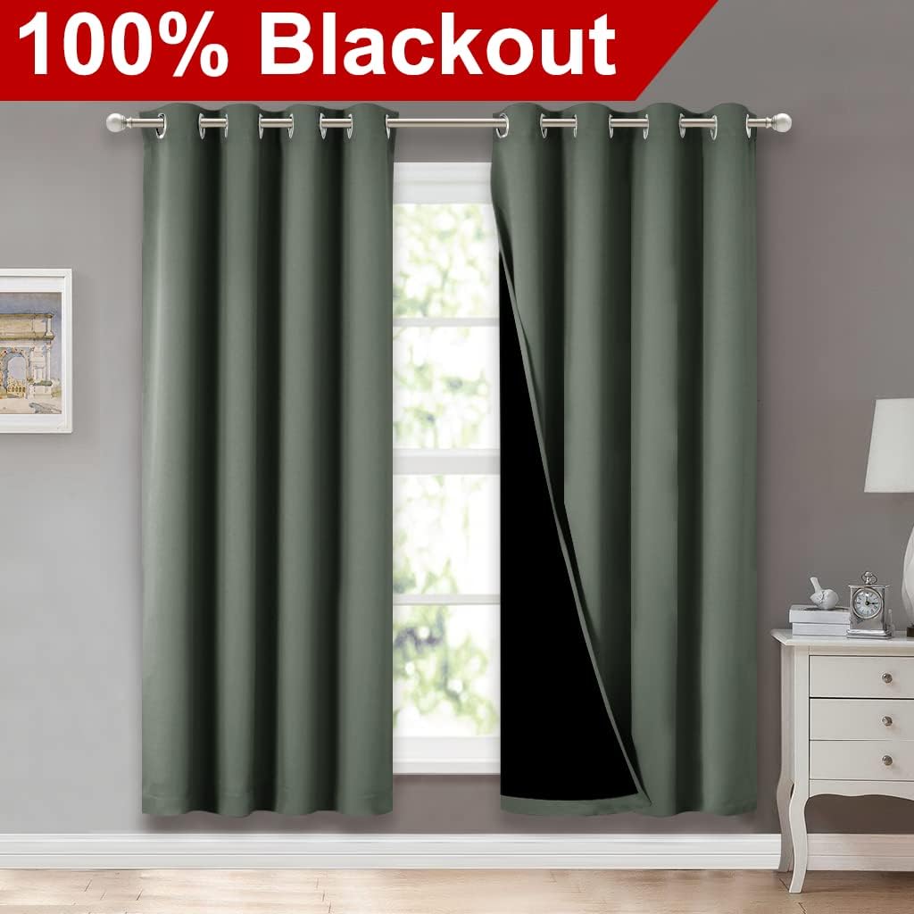 NICETOWN 100% Blackout Window Curtain Panels, Full Light Blocking Drapes with Black Liner for Nursery, 72-inch Drop Thermal Insulated Draperies (Dark Mallard, 2 Pieces, 52-inch Wide Per Panel)