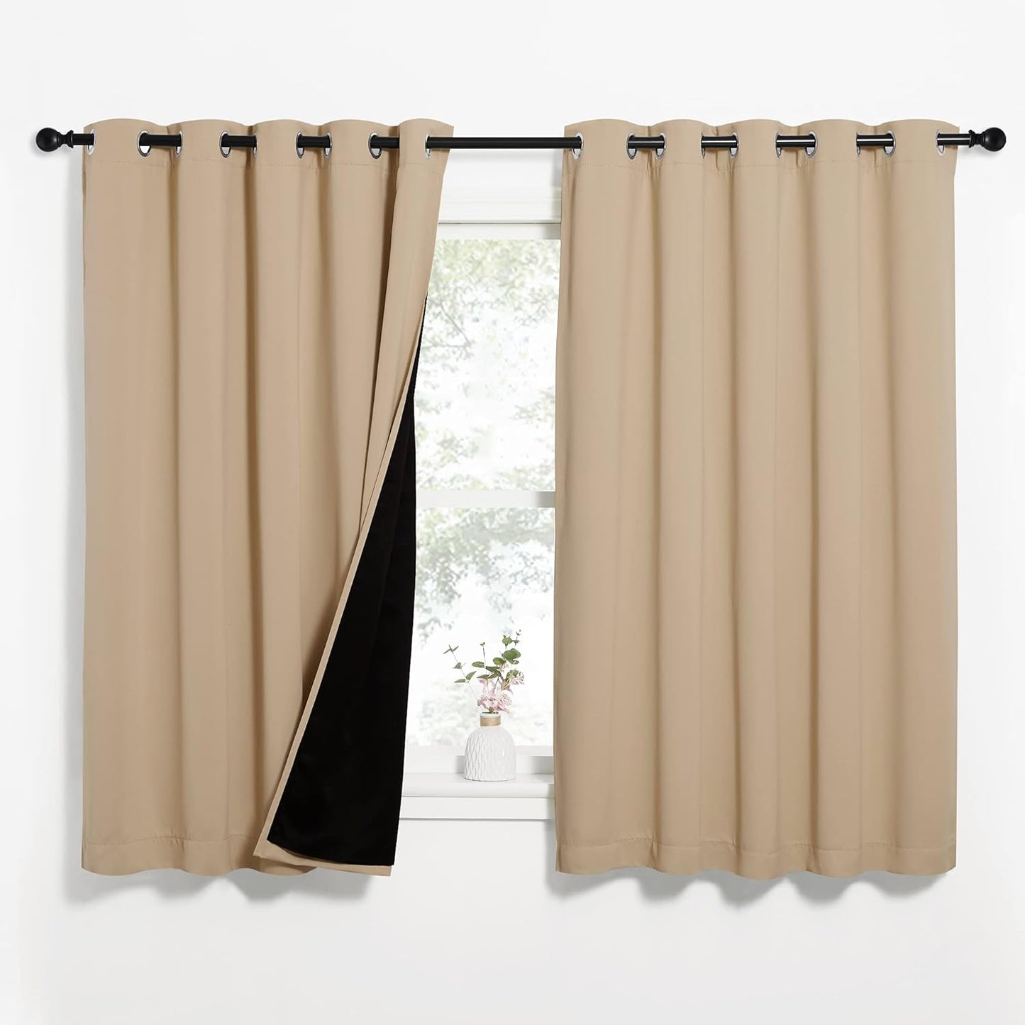 NICETOWN Bedroom Full Blackout Curtain Panels, Super Thick Insulated Window Covers, Complete Blackout Draperies with Black Liner for Short Window(Biscotti Beige, Set of 2 PCs, 62 by 63-inch)