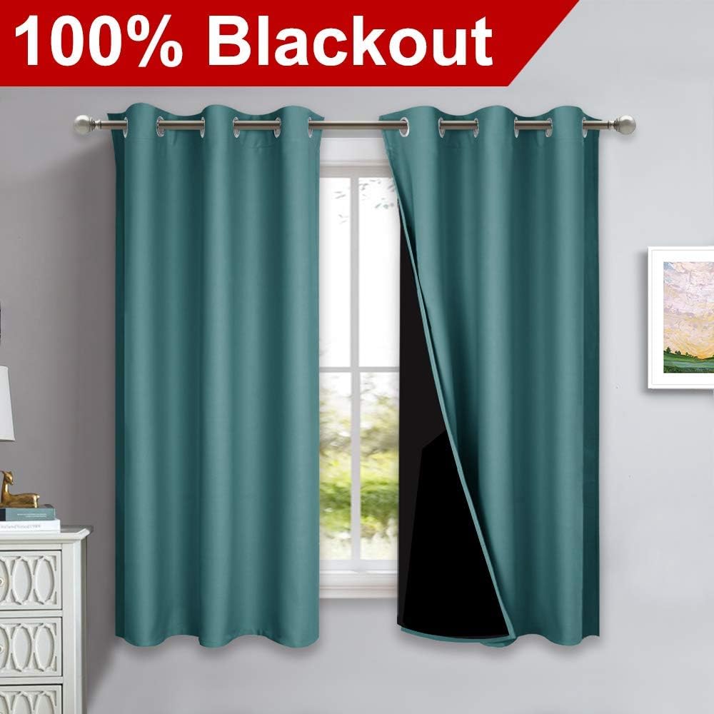 NICETOWN 100% Blackout Curtains 45 inches Long, Sea Teal, 1 Pair, 42 inches Width Each Panel, 2 Thick Layers Completely Blackout Window Treatment Thermal Insulated Lined Drapes for Small Window