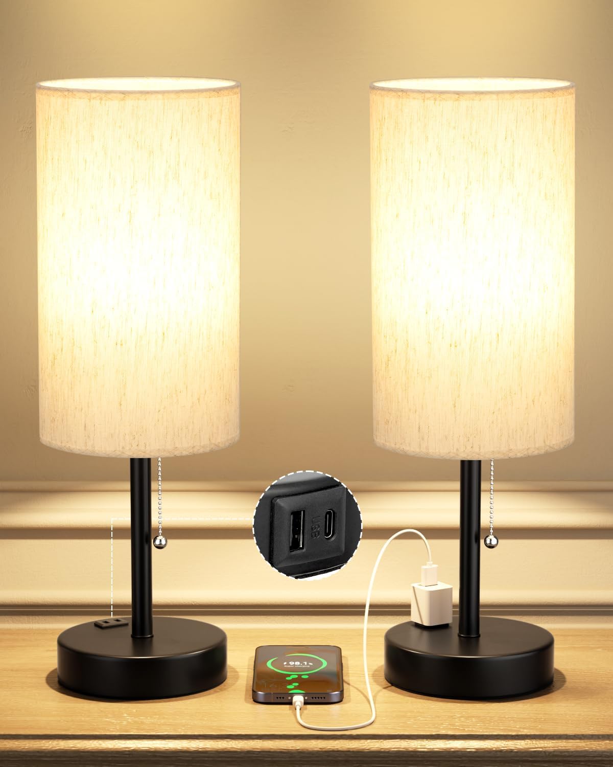 Plus Bedside Table Lamps Set of 2-3 Color Temperatures Pull Chain Lamp with AC Outlet Charging Port, Round Night Stand Lamps for Bedroom Guest Room Office, Bed Side Light with E26 LED Bulbs