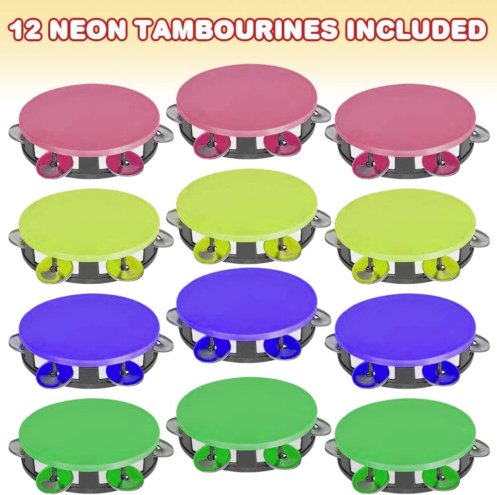 ArtCreativity Neon Tambourines for Kids, Set of 12, Percussion Musical Instruments for Boys and Girls, Durable Plastic and Metal Noise Makers, Birthday Party Favors and Goodie Bag Fillers, 4 Colors