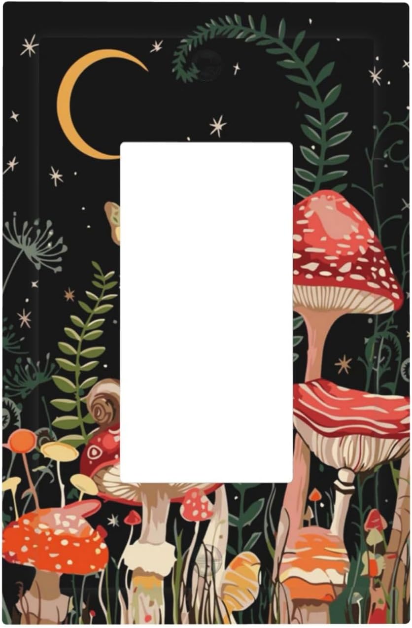 Moon Star Red Mushroom Forest Butterfly Green Plant Decorative Outlet Covers 1 Gang Single Rocker Light Switch Cover Plate Wall Plates GFCI Faceplate for Kids Room Home Decor
