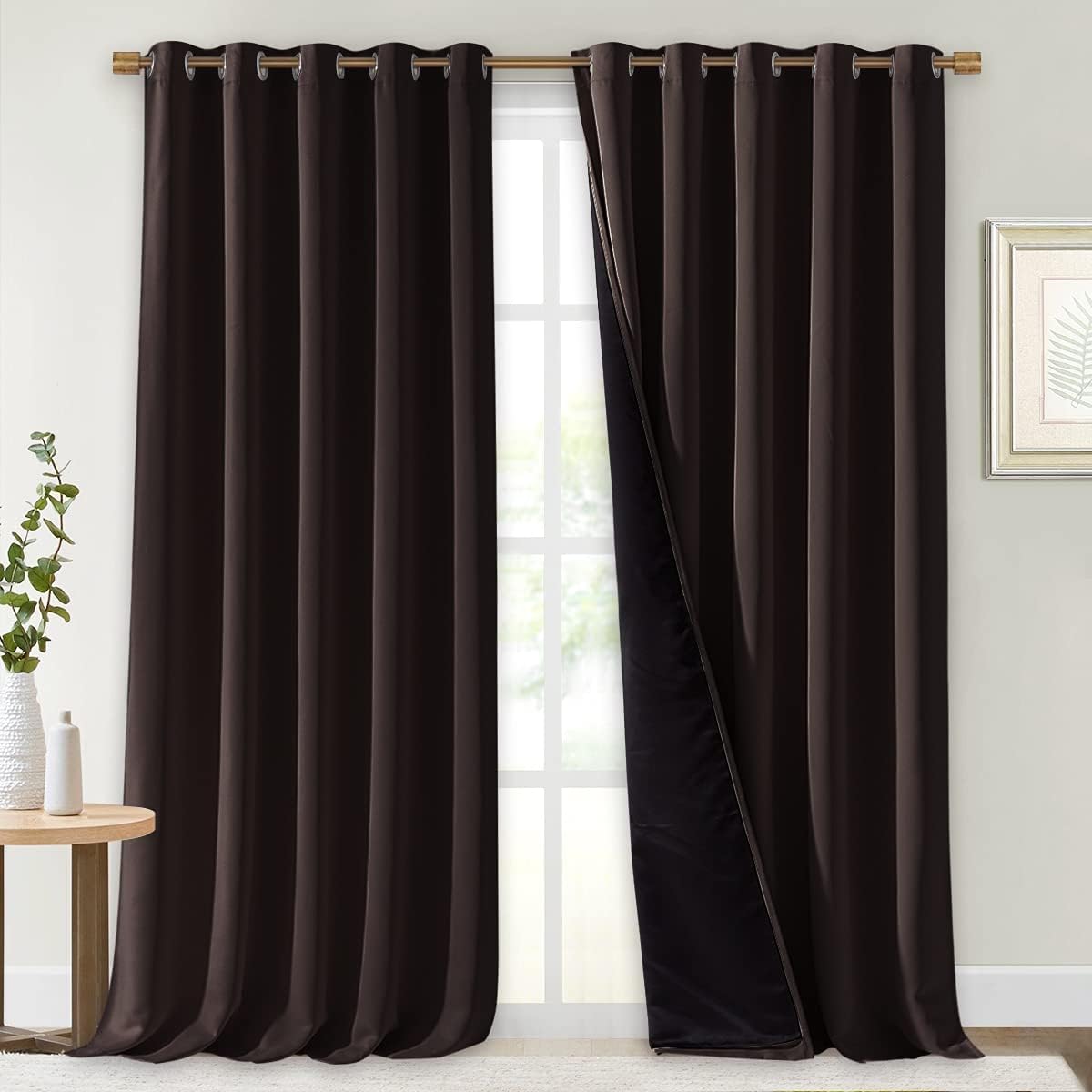 NICETOWN Cold Blocking 100% Blackout Curtains, Durable Black Lined Blackout Curtains for Bedroom, Energy Saving Long Curtains for Patio Sliding Glass Door, Brown, 70 inches x 95 inches, 2 PCs