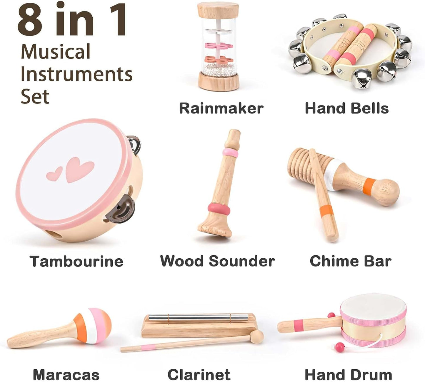 Musical Toys for 2 3 Year Old Girl Birthday Gifts, Wooden Montessori Toys for 2 Year Old, 8 in 1 Musical Instruments for Toddlers with Drum/Hand Bells/Flute/Maracas, Preschool Toys for Baby 18+ Months