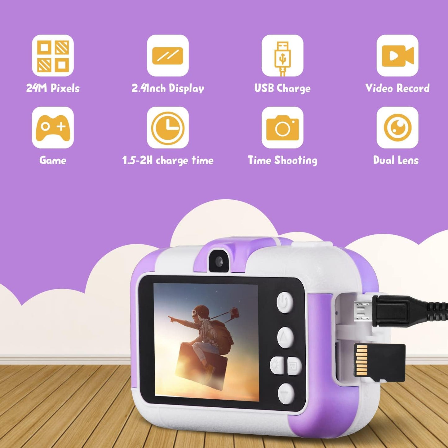 SUZIYO Children Camera, Birthday Electronic Toys for Kids, Upgrade Toddlers Selfie Digital Camcorder 1080P for Age 4-7 Years Old Boys Girls with 32G SD Card, Purple