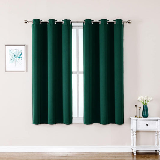 ChrisDowa Small Window Curtains 50 inches Long for Bedroom - Grommet Short Thermal Insulated Room Darkening Curtains for Kitchen (2 Panels, Forest Green, 29 x 50 Inch)