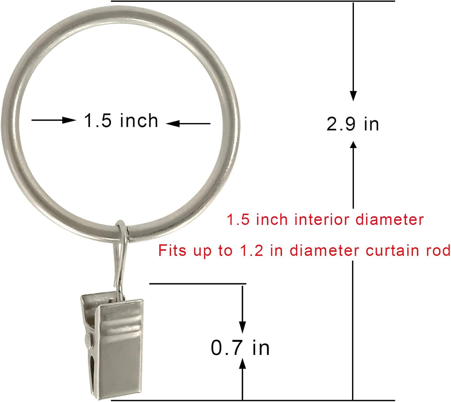 40 Pack Matte Silver Curtain Rings with Clips, Curtain Hooks Hangers Clip Rings for Hanging Drapes Bows Hat, Drapery Rings 1.5 in I D, Fits up to 1.2 in Diameter Curtain Rod.