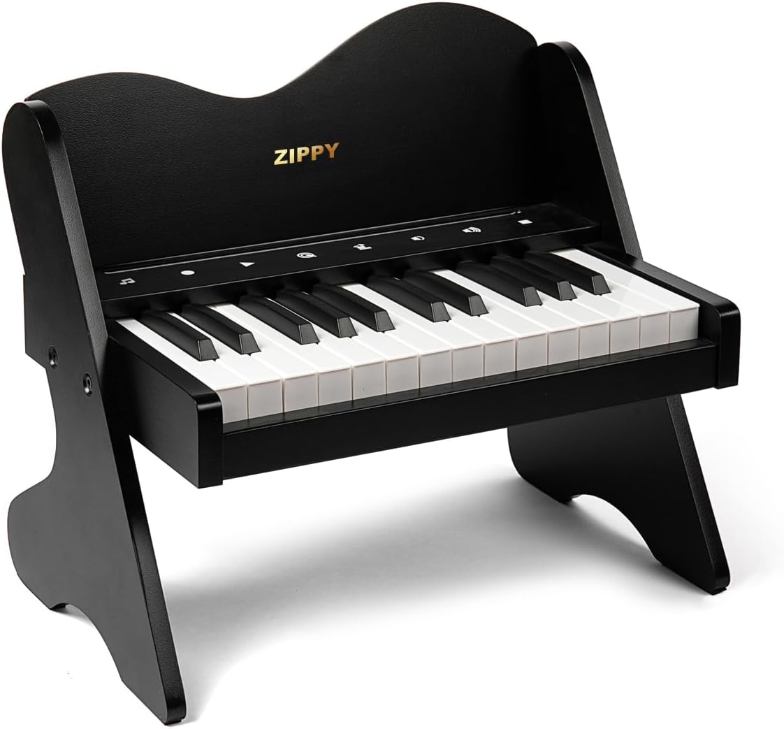 ZIPPY Kids Piano Keyboard, 25 Keys Digital Piano for Kids, Touch Sensitive Control Panel, Volume Adjustable, Mini Music Educational Instrument Toy, Wood Toy for Toddlers Girls Boys (Black)