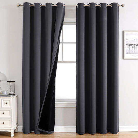 ChrisDowa 100% Blackout Curtains 90 inch Long for Bedroom with Black Liner, 2 Thick Layers Total Blackout Thermal Insulated Grommet Long Window Curtains 2 Panels Set (Dark Grey, 52 x 90 Inch)