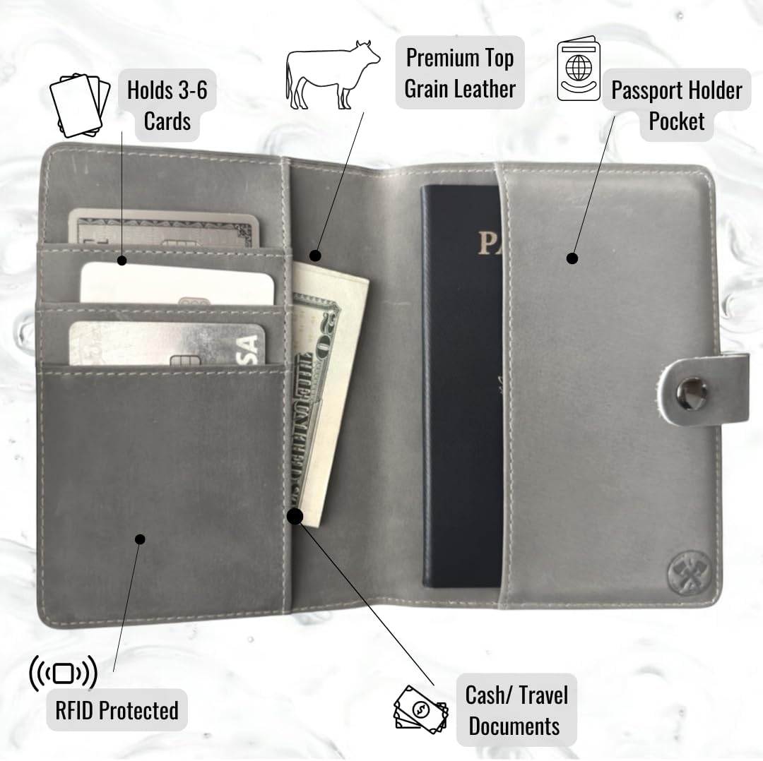 Genuine Leather AirTag Passport Holder and Wallet for Men and Women RFID Blocking for Secure Traveling and Documentation Organizer (Grey)