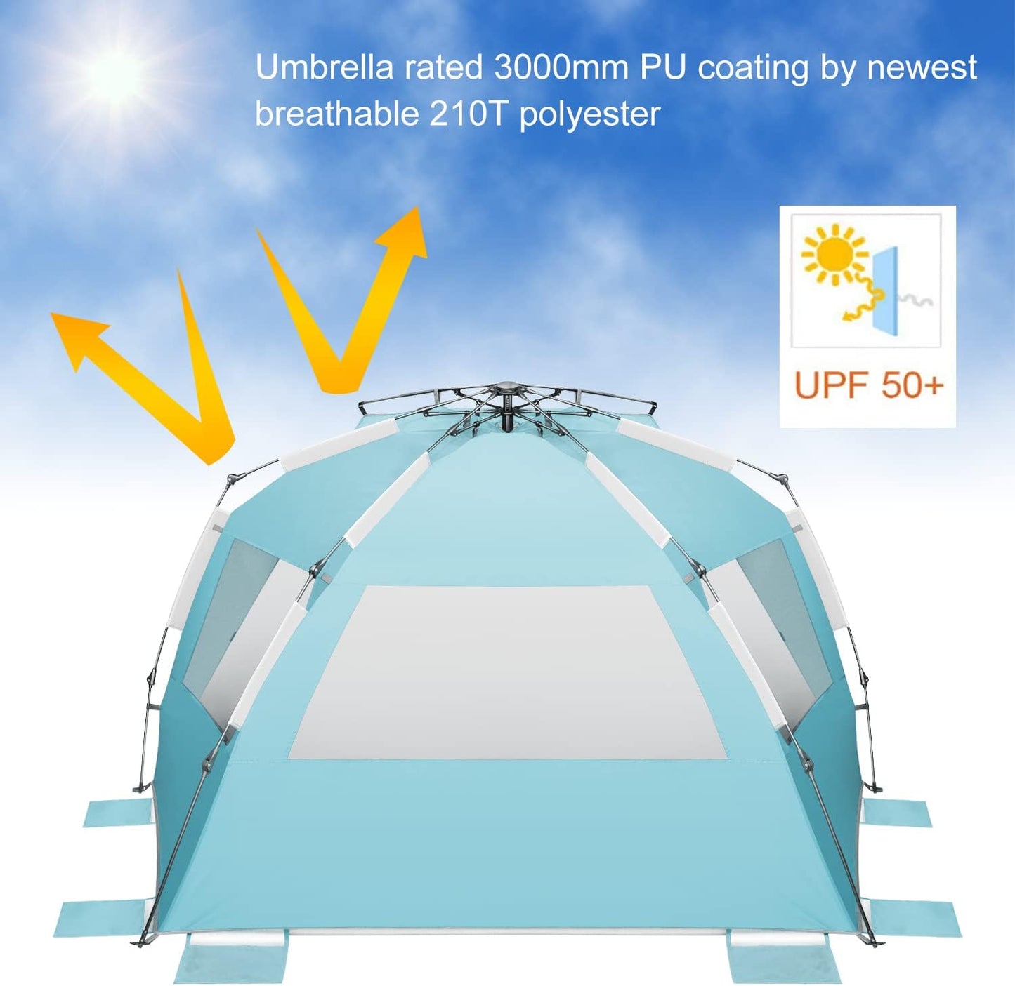 Oileus XX-Large Pop Up Beach Tent Sun Shelter for 5-6 Person Portable Sun Shade Instant Tent for Beach with Carrying Bag, Stakes, 6 Sand Pockets, Anti UV for Fishing Hiking Camping Sky Blue