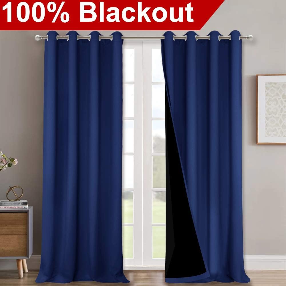 NICETOWN 100% Blackout Blinds, Laundry Room Decor Window Treatment Curtains, Thermal Insulated Energy Smart Drapes and Draperies for Villa, Hall and Studio, Royal Blue, Set of 2, 52 inches x 95 inches
