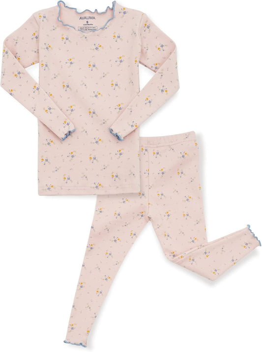 AVAUMA Baby Boy Girl Pajama Set 6M-7T Kids Cute Toddler Snug fit Flower Pattern Design Pjs Cotton Sleepwear Ruffled Shirring