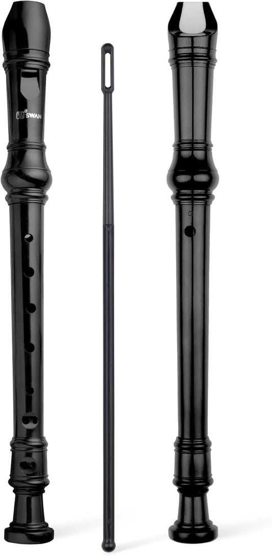 SWAN Soprano Recorder Instrument for Beginners Kids Student - German Fingering 8 Hole Flute Descant Recorders with Cleaning Rod Fingering Chart, Black