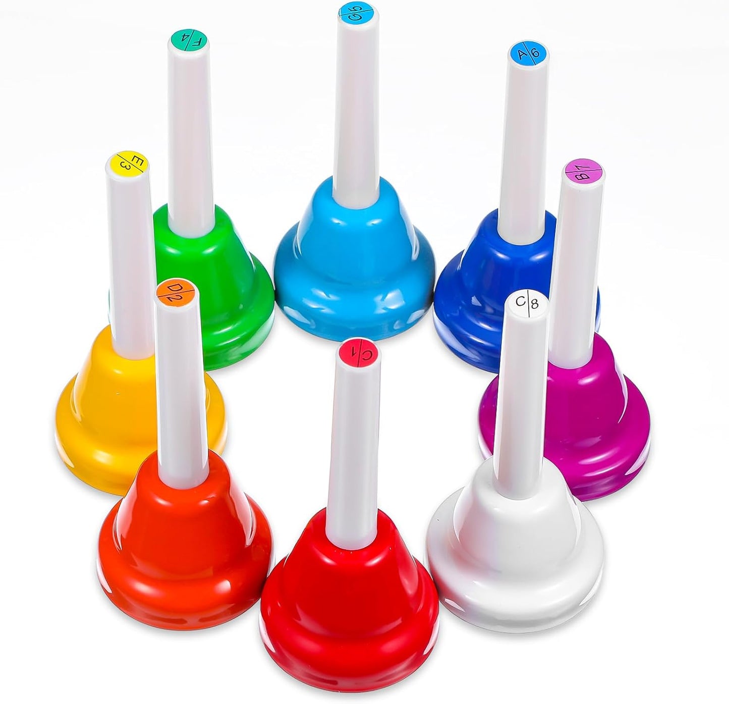 8 Notes Hand Bells, Musical Hand Bell Set with Colorful Design, 8 Pack Colorful Handbells, Durable Iron Bells for Kids Adults, School, Church Choir (4.3 Inch)